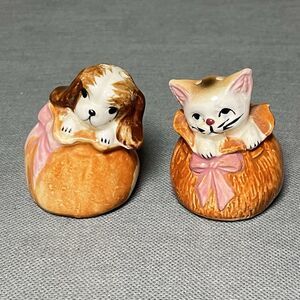 Vntg Salt & Pepper Shakers Cat and Dog in Sack Shaker Set-Anthropomorphic-Kitsch